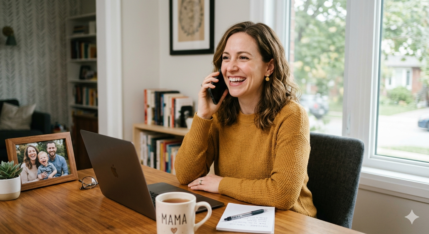 Parent smiling while on a phone call at home